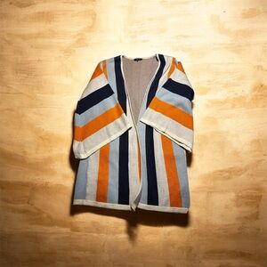 Azulu 100% Cotton Navy Orange Baby Blue stripes Kimono sleeves Resort Cardigan L